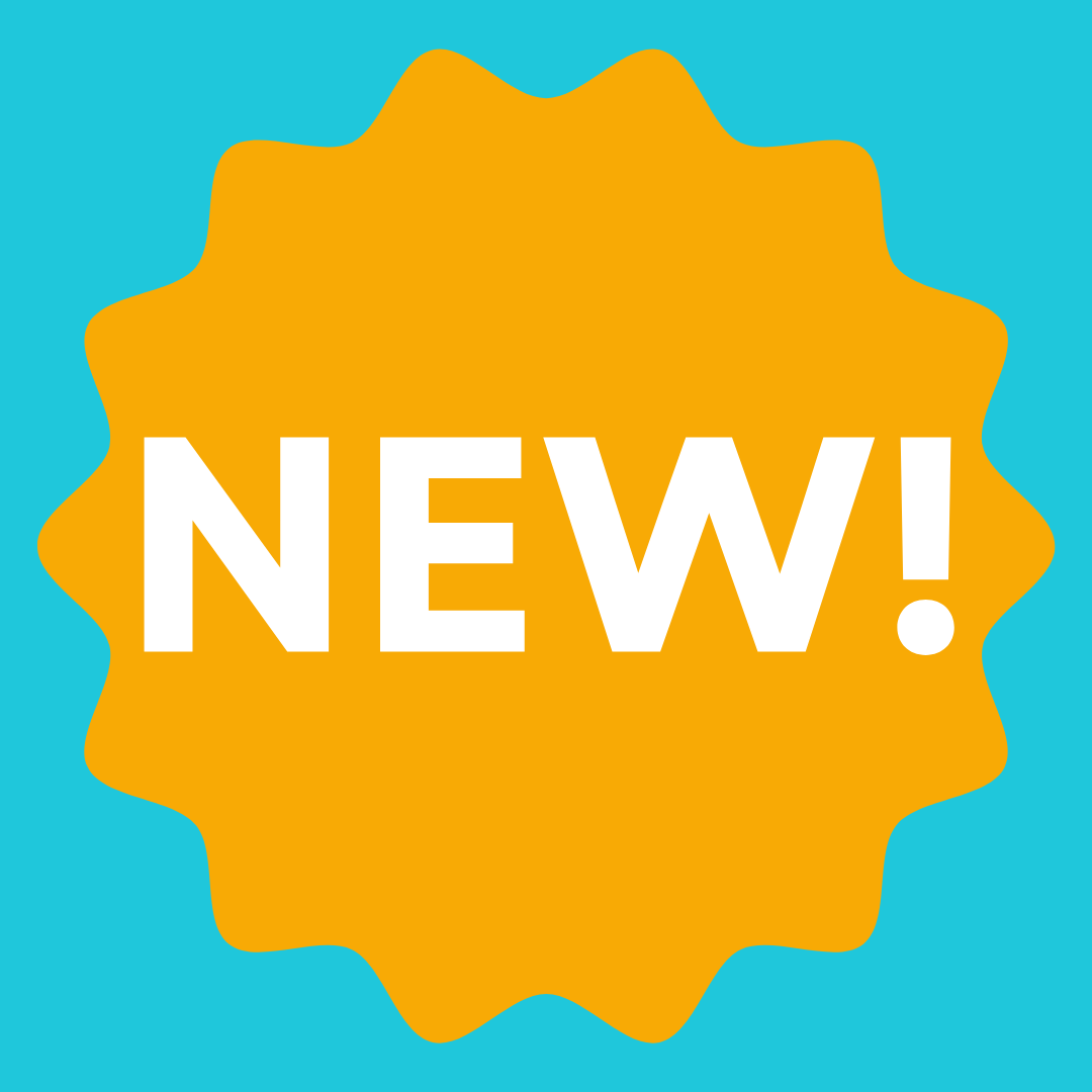 Bright “NEW!” badge icon in bold white text on an orange starburst over a blue background, used to highlight new cannabis products, THCA flower strains, edibles, concentrates, vapes, or promotional arrivals at The Green Leaf Cannabis.