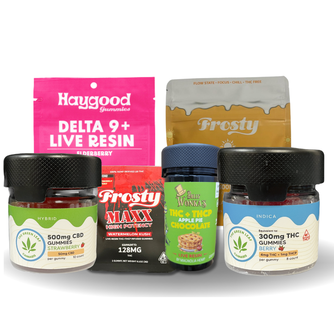 A selection of cannabis edibles from The Green Leaf Cannabis, including gummies and chewable products from various brands, displayed in colorful jars and pouches to showcase flavor variety and potency options. THC products-THC edibles