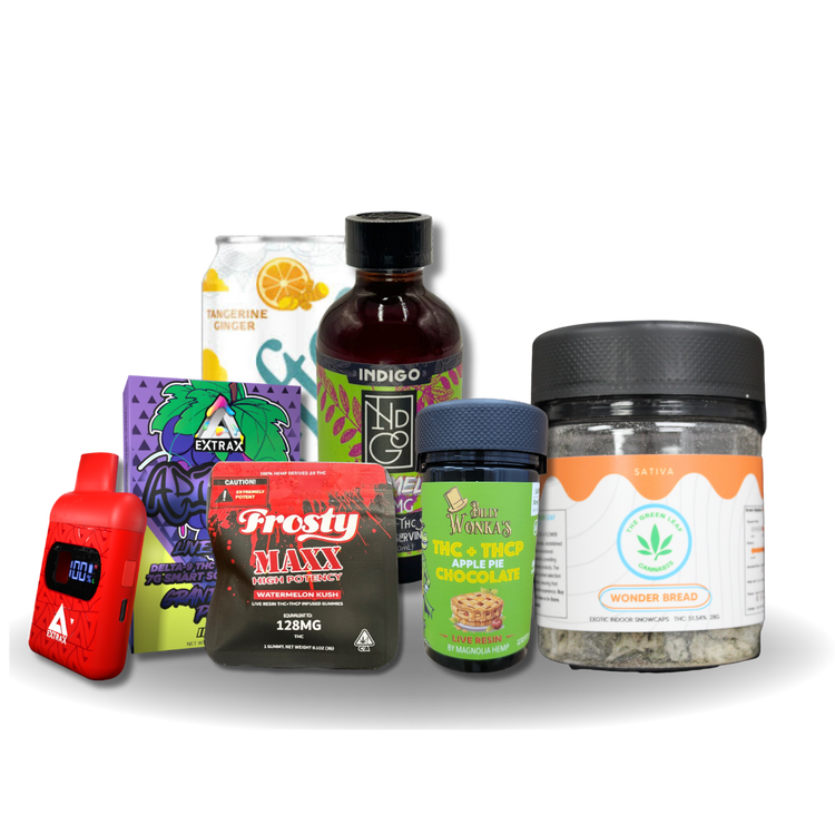 Assorted cannabis products from The Green Leaf Cannabis, including flower jars, edibles, syrup, vapes, and infused drinks, arranged together to highlight the wide variety of product categories available.