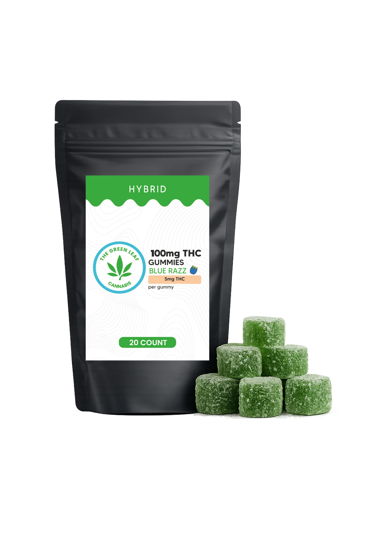 Hybrid 100mg THC Gummies - 100mg THC - 20 ct - Blue Razz - The Green Leaf Cannabis