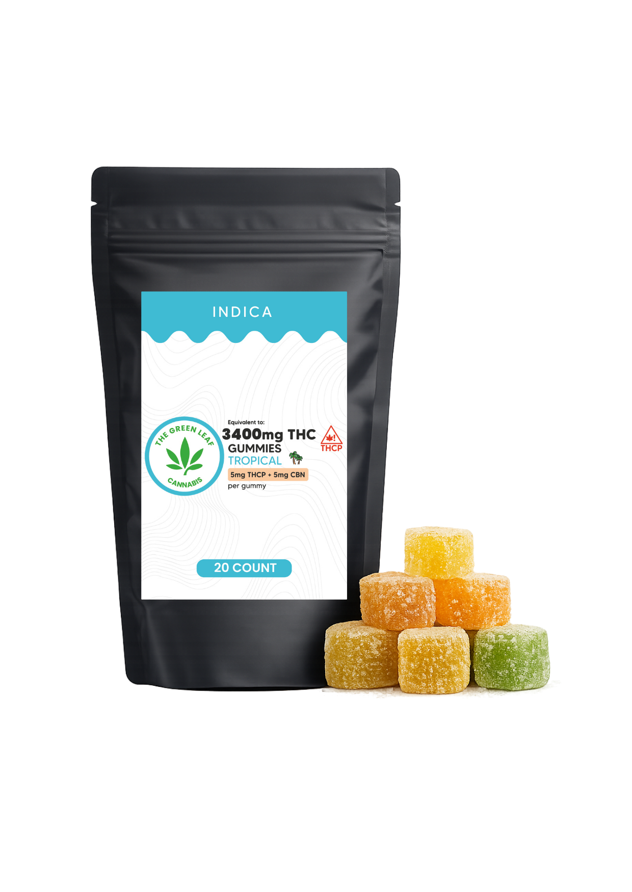 Indica 3400mg THC Gummies - 3400mg THC - 20 ct - Tropical - The Green Leaf Cannabis
