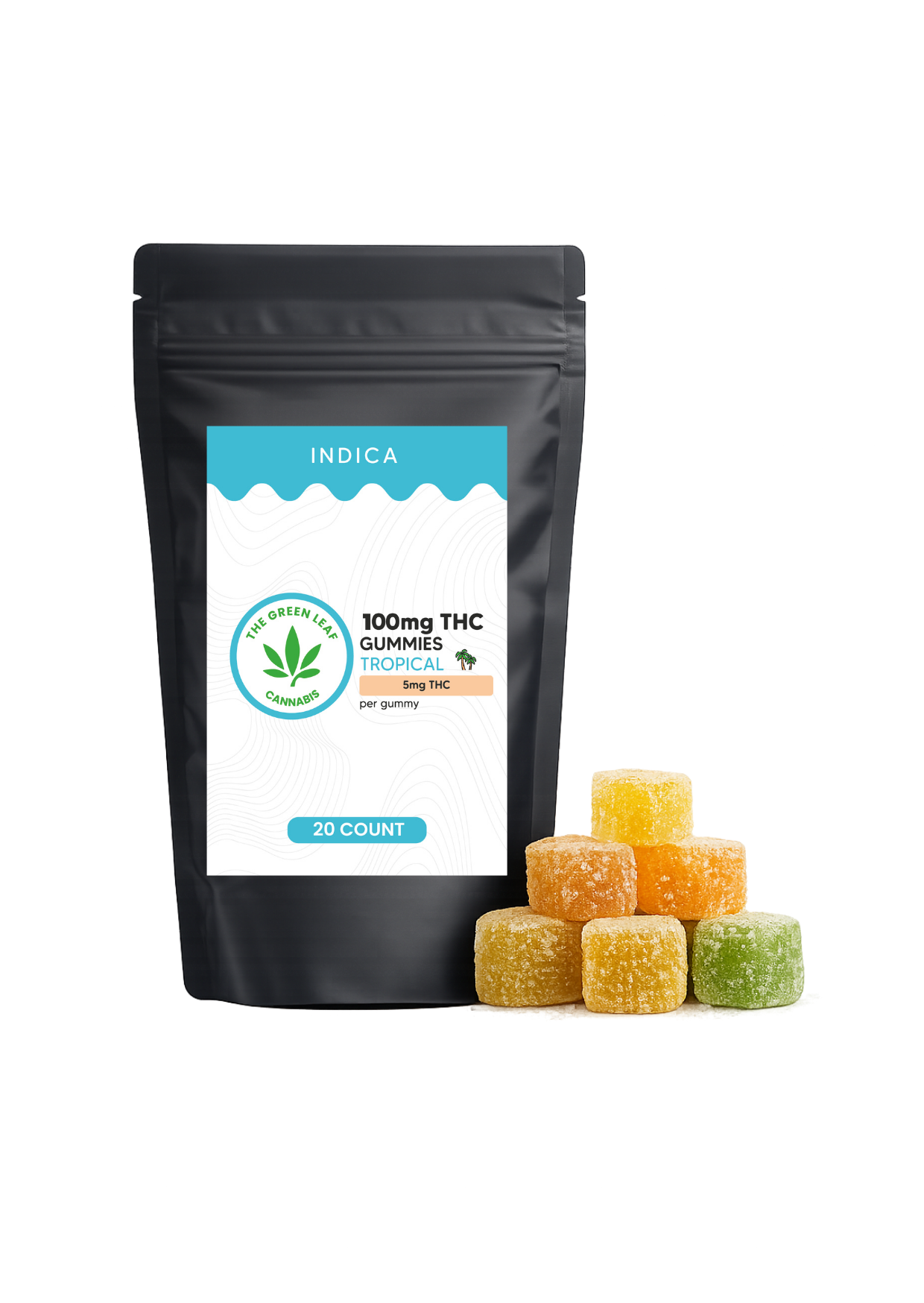 Indica 100mg THC Gummies - 100mg THC - 20 ct - Tropical - The Green Leaf Cannabis