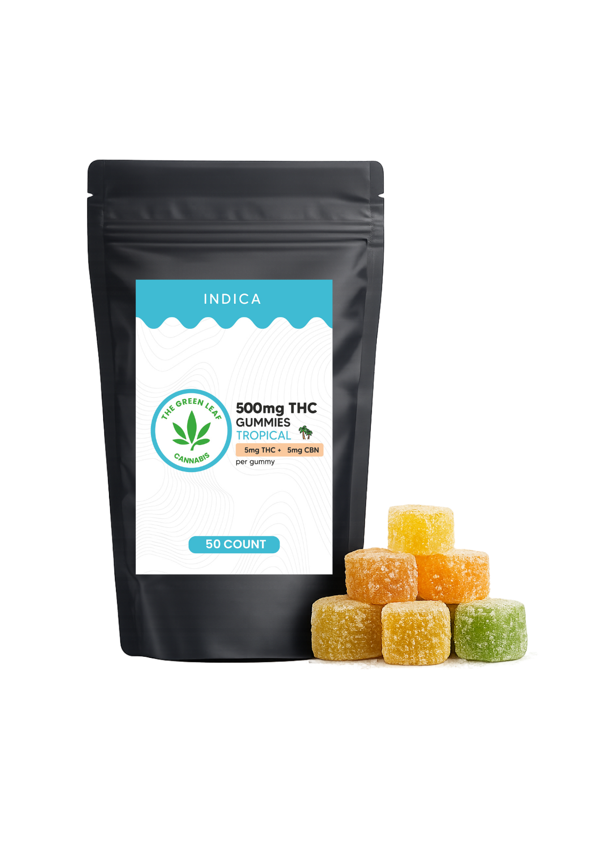 Indica 500mg THC Gummies - 500mg THC - 50 ct - Tropical - The Green Leaf Cannabis