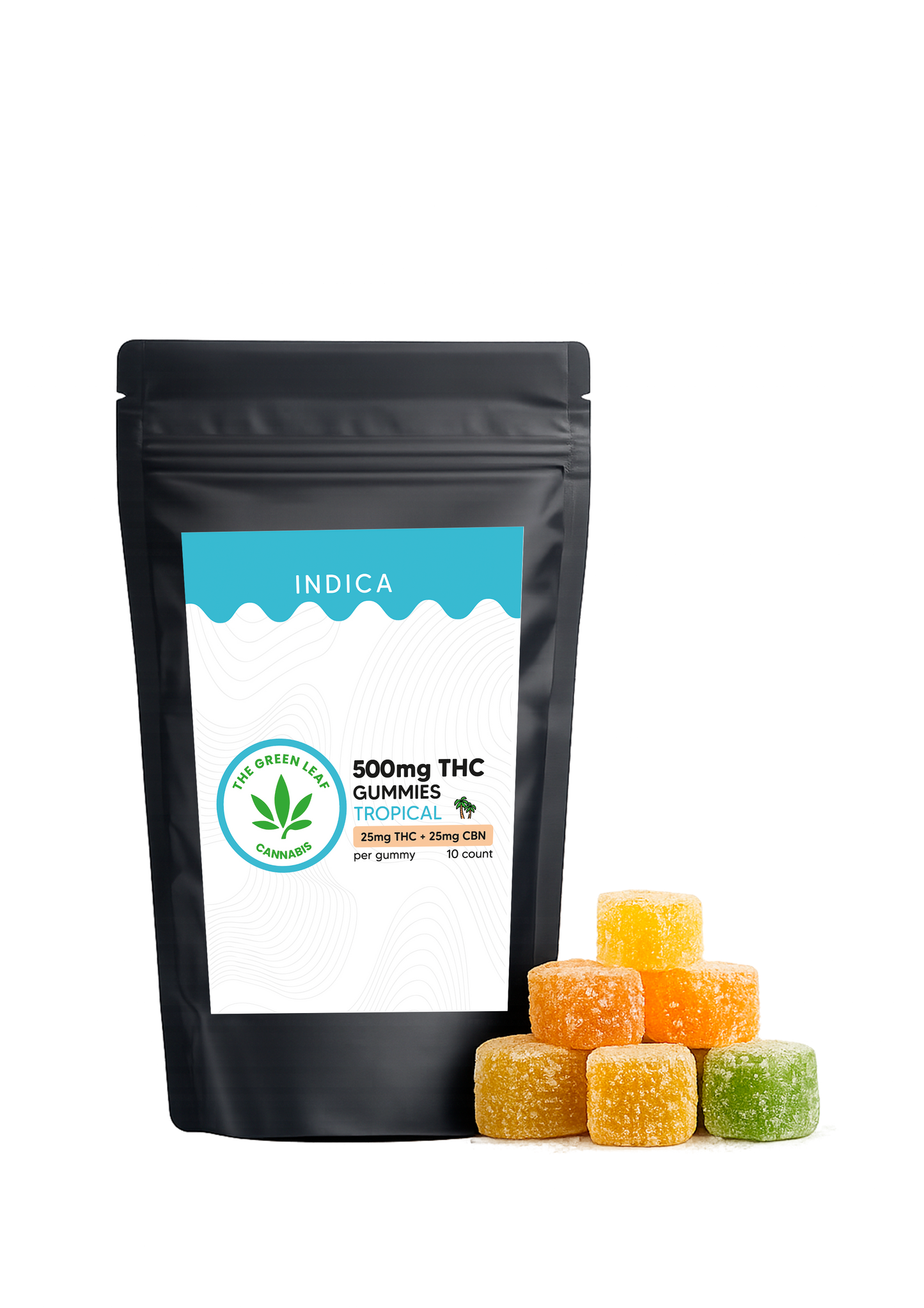 Indica 500mg  Gummies – 25mg THC + 25mg CBN – Tropical – The Green Leaf Cannabis