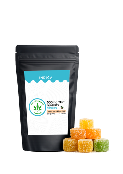 Indica 500mg  Gummies – 25mg THC + 25mg CBN – Tropical – The Green Leaf Cannabis