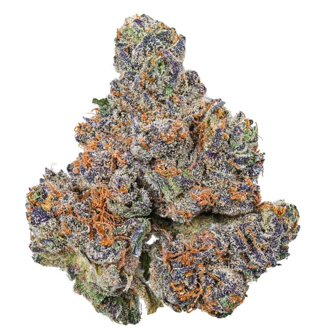 Dante’s Wrath cannabis flower from The Green Leaf Cannabis—potent Hybrid strain featuring dark, resinous buds with purple and green tones, layered in heavy trichomes. Emits a pungent, gassy aroma with hints of spice and earth, delivering intense, euphoric, and long-lasting effects ideal for seasoned users.