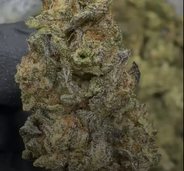 Jiffy Cake cannabis flower from The Green Leaf Cannabis—premium Indica-dominant strain with chunky, frosty buds in green and purple hues, offering a rich aroma of peanut butter, vanilla, and cake batter. Delivers deeply relaxing effects ideal for evening use, stress, and sleep support.
