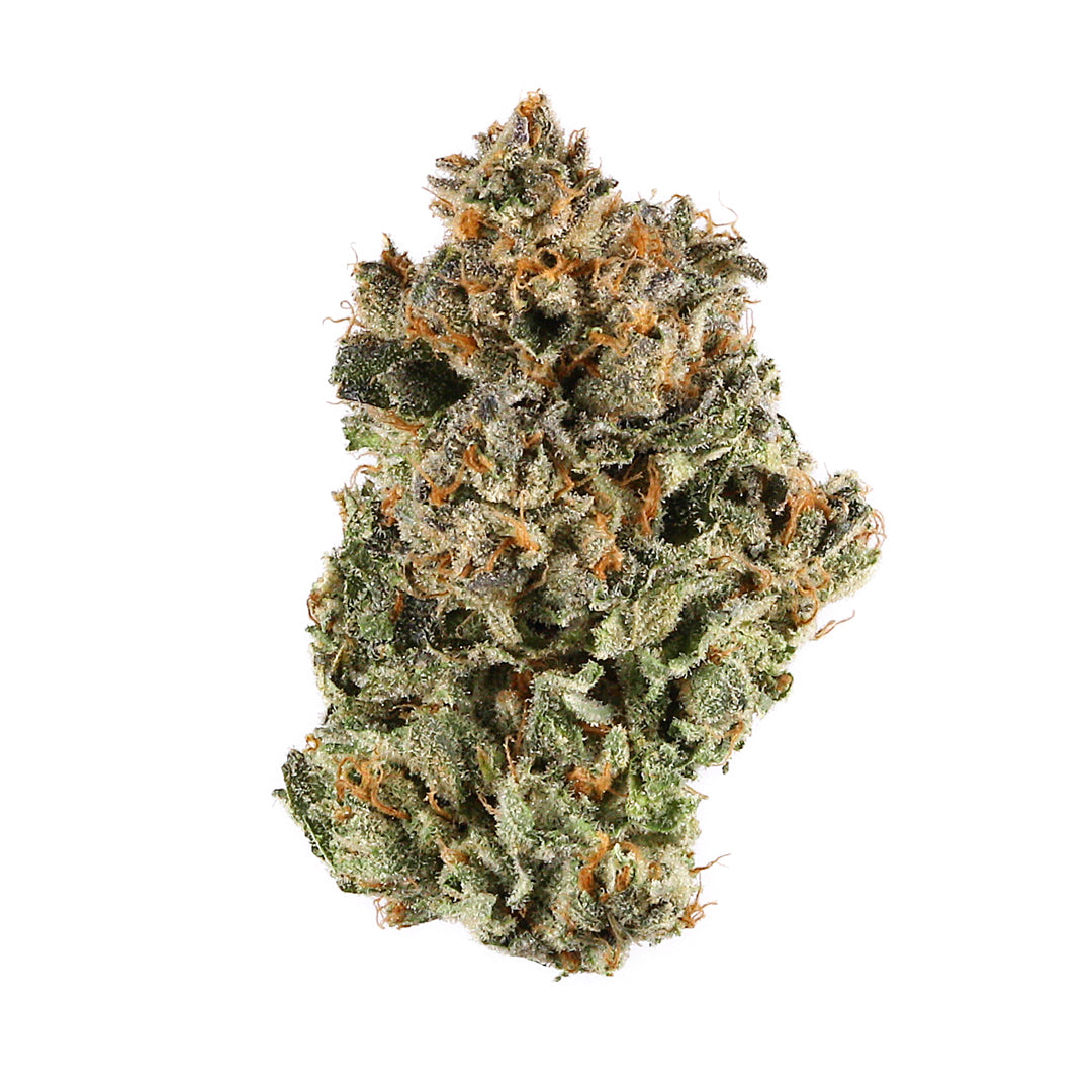 Sunset Sherbert cannabis flower from The Green Leaf Cannabis—popular Indica-leaning Hybrid strain with vibrant green and purple buds, coated in glistening trichomes. Bursting with fruity, berry, and creamy citrus aromas, delivering calming, euphoric effects ideal for stress relief and evening use.